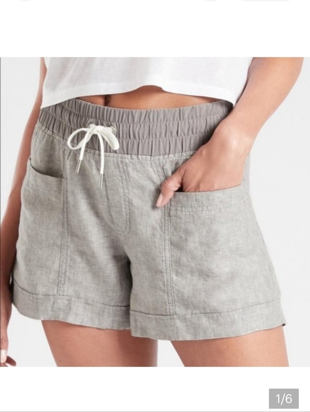 Athleta Cabo 100% Linen Gray Shorts Drawstring Women's Size 6